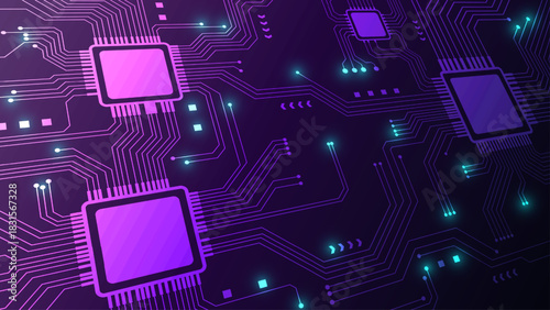 Abstract Purple Circuit Board Background With Glowing Microchips And Digital Lines Vector