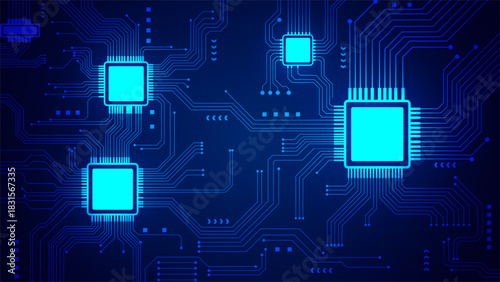 Abstract Blue Circuit Board Background With Glowing Microchips And Digital Lines Vector