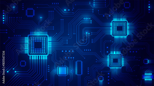 Abstract Blue Circuit Board Background With Glowing Microchips And Digital Lines Vector