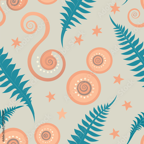 Abstract seamless pattern with teal fern leaves, peach spirals, stars