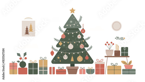 Festive Christmas Display: A vibrantly decorated Christmas tree stands as the focal point, surrounded by beautifully wrapped gifts and ornaments.