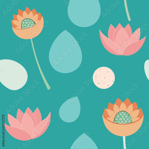 Abstract floral seamless pattern with stylized flowers and shapes.
