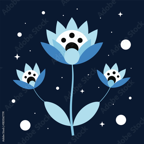 Stylized blue flowers with graphic paw centers, celestial night