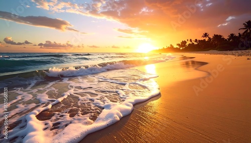 Fototapeta Naklejka Na Ścianę i Meble -  Golden Hour Serenity - Waves Embrace the Shore at Sunset.