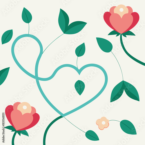 Stylized floral pattern with heart vine, blooming roses, leaves