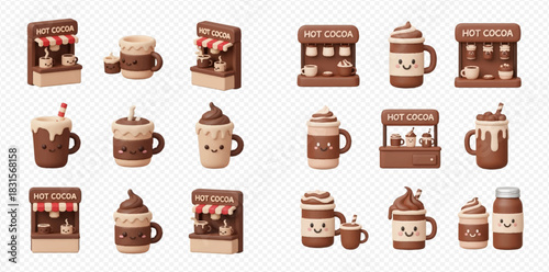 Collection of cute 3D rendered hot cocoa drinks and stands with smiling faces.