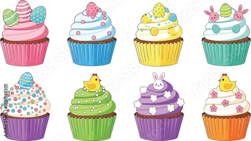 Collection of eight colorful easter themed cupcakes with decorative frosting and festive toppings including eggs bunnies and chicks