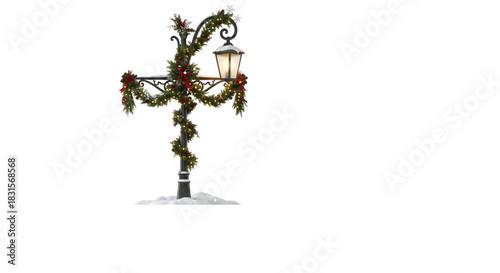 Vintage Street Lamp Post Decorated with Christmas Garland and Lights