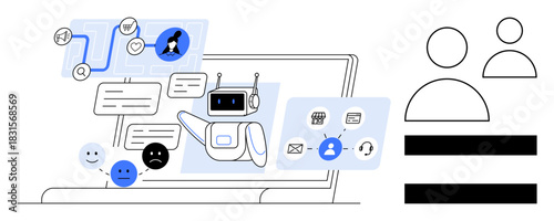 Chatbot interacting through messages on screen, managing user tasks and emotions. Ideal for tech, automation, customer support, AI innovation, workflow optimization, communication, digital metaphor