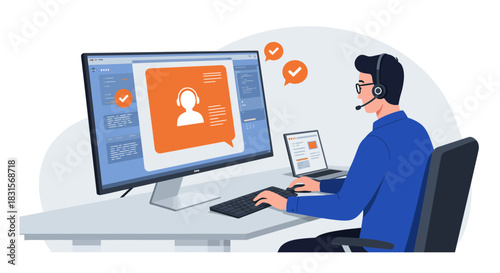 Customer Service Representative Working at Computer Desk.