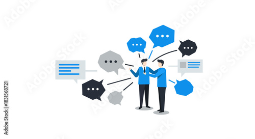 Two Businessmen Discussing Ideas with Speech Bubbles.