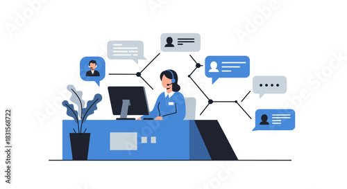 Customer Service Representative Working at Desk with Headset.