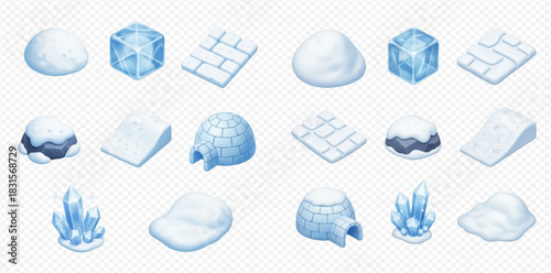 Isometric 3D illustrations of various snow and ice elements including igloos, snow piles, ice cubes, and crystal formations on a transparent background.