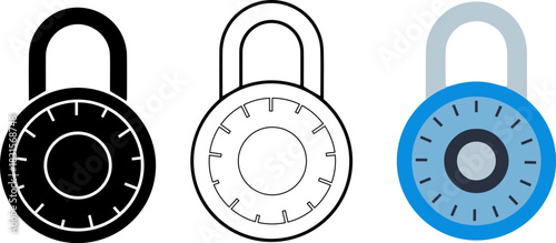 Combination padlock security lock icon set, minimal vector illustration