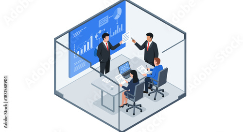 Business Team Meeting Inside Glass Cubicle Isometric View.