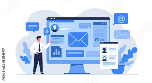 Businessman Pointing at Email Marketing on Computer Screen.