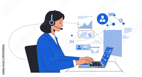 Customer Service Representative Working on Laptop with Headset.