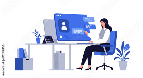 Woman Working at Desk with Computer and Chat Bubbles.