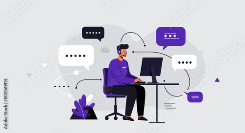 Customer Service Representative Working on Computer with Headset.