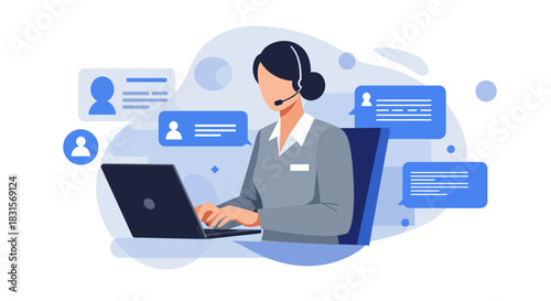 Customer Service Representative Working on Laptop with Headset.