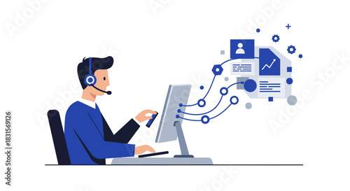 Customer Service Representative Working with Computer and Data.