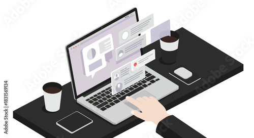 Laptop with Chat Bubbles and Coffee Cup.