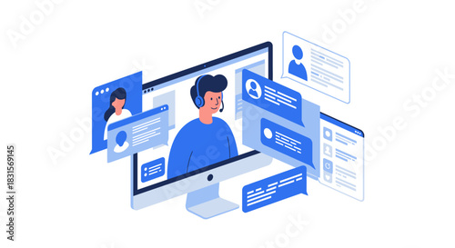 Customer Service Representative with Computer and Chat Bubbles.