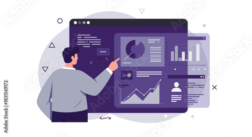 Man Pointing at Data Analysis Dashboard Illustration.