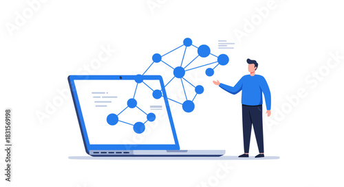 Man Presenting Data Network Emerging from Laptop Screen.