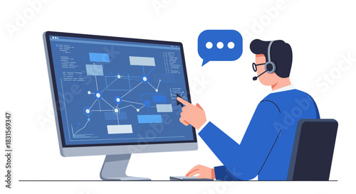 Customer Service Representative Analyzing Data on Monitor.