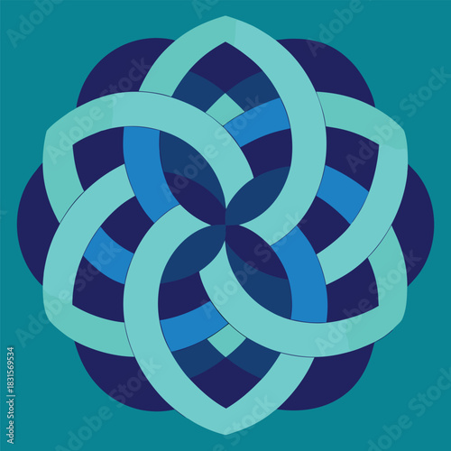 Abstract geometric interlocking knot pattern in shades of blue.