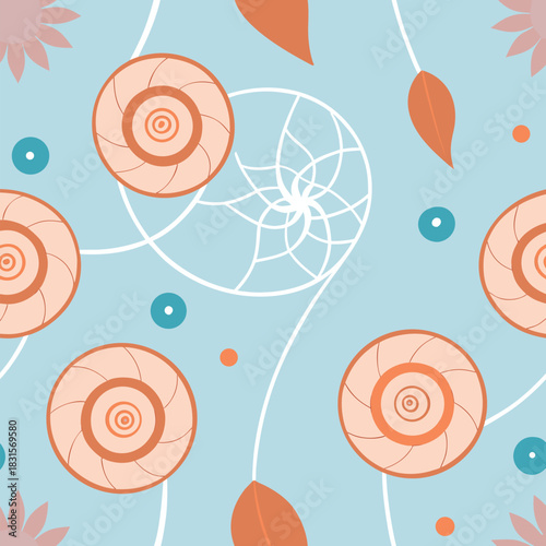 Boho seamless pattern with shells, leaves, dreamcatcher, and dots