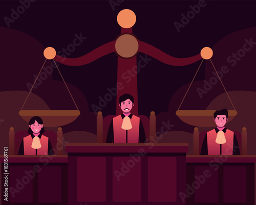 Courtroom scene with judges, scale of justice, and law system symbols in clean modern vector illustration