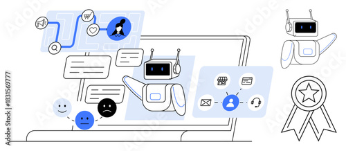 AI chatbot interacting on a laptop with messages, user emotions, service icons, and awards. Ideal for communication, technology, support, innovation, efficiency user experience customer