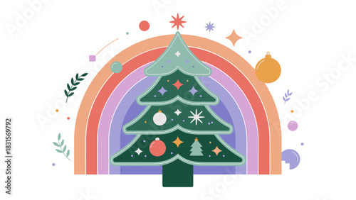 Festive Season's Embrace: A whimsical depiction of a decorated Christmas tree set against a backdrop of a colorful rainbow and stars, conjuring a sense of festive cheer and enchantment.