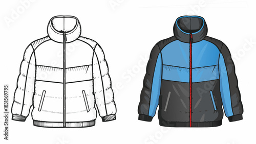 Stylish winter puffer jacket design template showcases modern outerwear for fashion and apparel designers