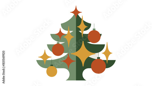 Festive Ornamented Fir: a stylized Christmas tree, adorned with starburst ornaments and vibrant baubles. capturing the essence of holiday cheer and timeless elegance.