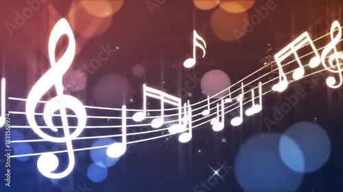 Musical Notes Floating on a Colorful Background with Bokeh.