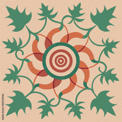 Abstract organic pattern with central circles and green foliage