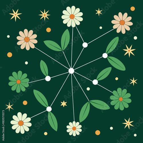 Stylized retro floral pattern with daisies and leaves on green.