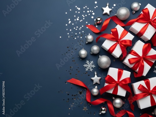 Christmas Gifts with Red Ribbons and Ornaments on Blue Background