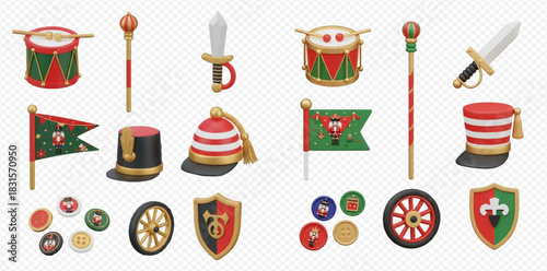 Collection of festive military parade items including drums, flags, hats, swords, shields, and scepters in red, green, and gold colors.