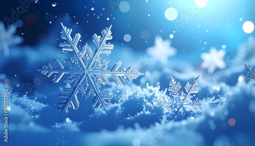 Close-up of a perfectly formed snowflake in a blue-toned scene, with others softly in the background. Snow is visible