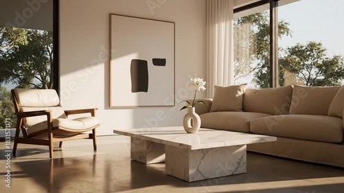 A modern living room bathed in sunlight with a minimalist aesthetic, featuring neutral tones