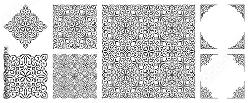 Set of ornamental flourish vector elements including seamless patterns, repeatable tiles, decorative frames, and corner ornaments. Decorative swirl floral elements