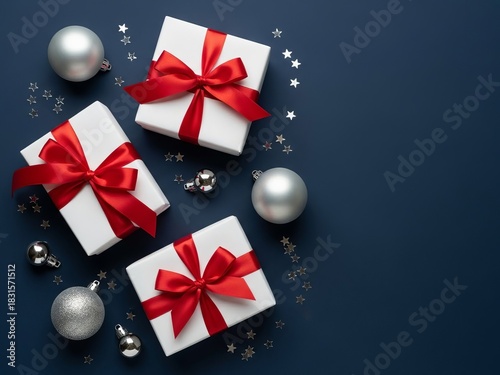 Christmas Gifts with Red Ribbons and Ornaments on Blue Background