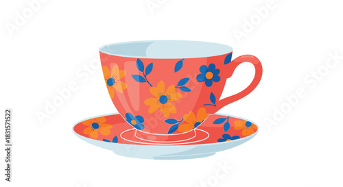 An illustration of a vibrant coral teacup and saucer adorned with blue and orange floral patterns, perfect for a cozy tea time.