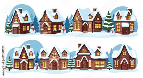 A charming collection of quaint, snow-covered village houses and cabins decorated for Christmas in a festive winter wonderland scene.