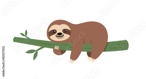 A cheerful cartoon sloth smiles while comfortably resting on a sturdy green tree branch, embodying leisure and tranquility.