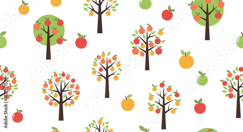 Cheerful seamless pattern featuring stylized apple trees with red, orange, and yellow apples, along with scattered individual fruits on white.